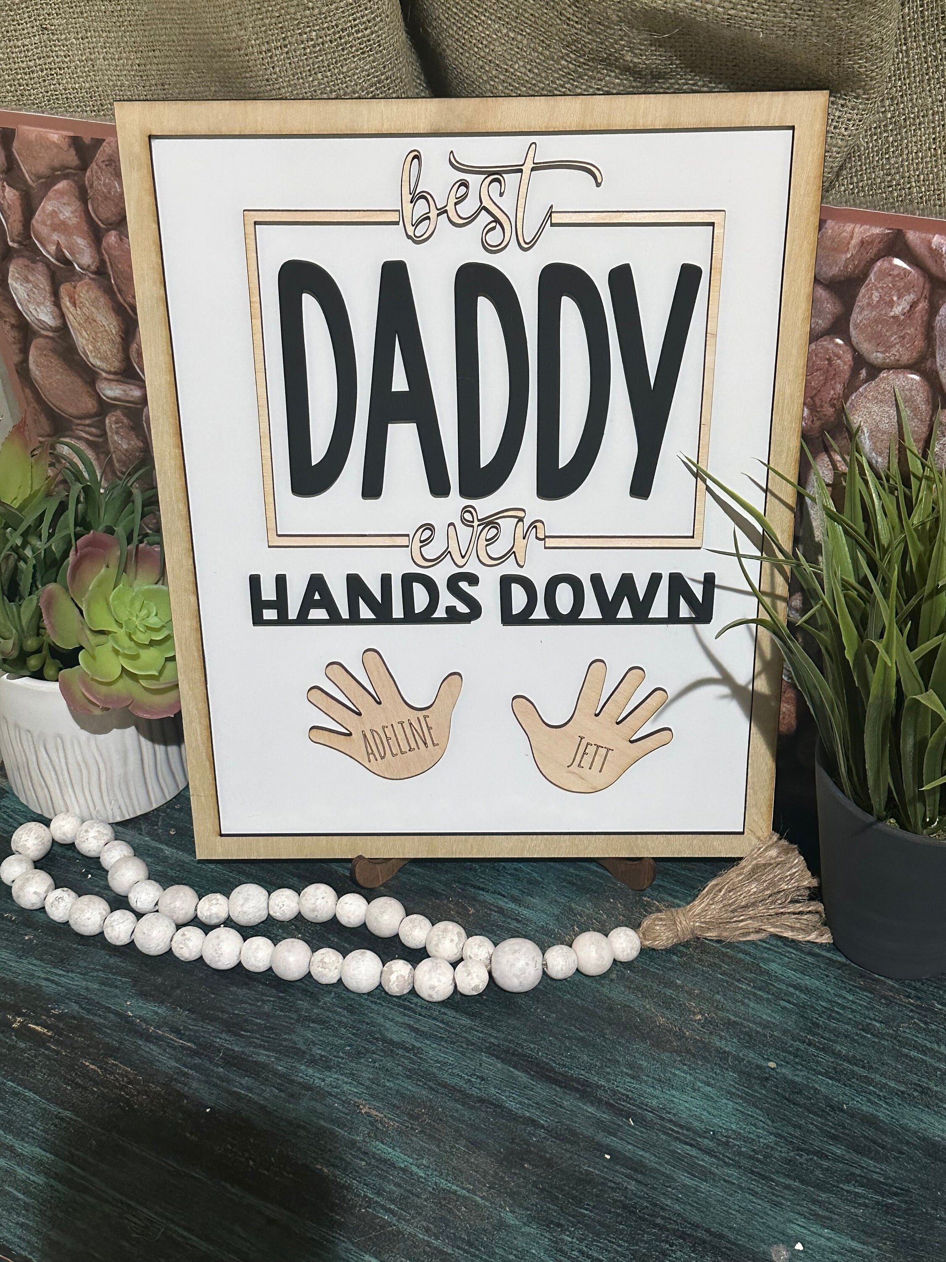 Father's Day Sign, Fathers Day, Hand print sign for Dad, Papa, Hands Down, Daddy, Personalized, Custom Wooden Sign Gift