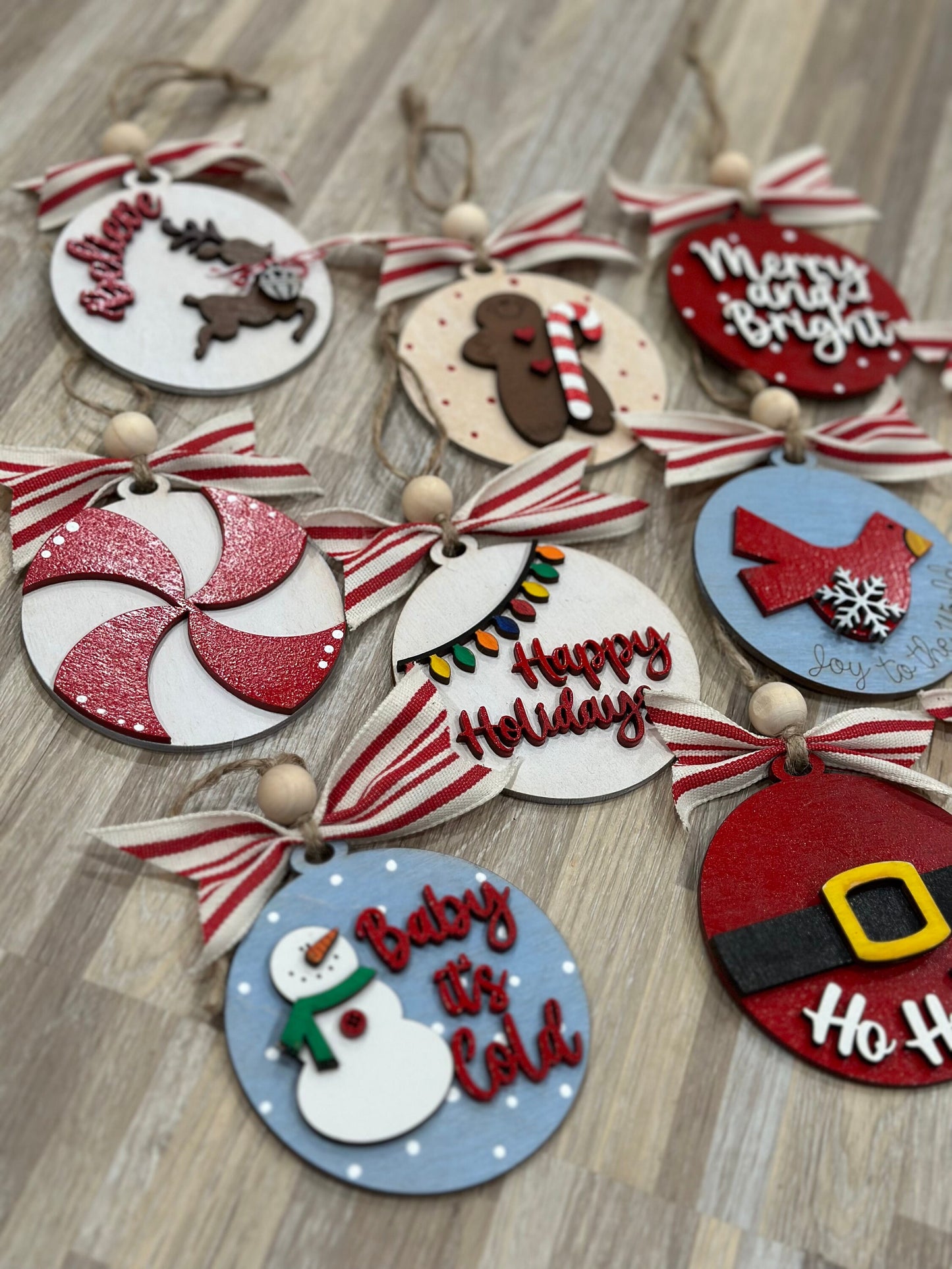 Set of 10 Merry Christmas Ornaments, Wooden Christmas Ornaments, Snowman Reindeer Gingerbread, DIY or Finished, Holiday Tree Decorations