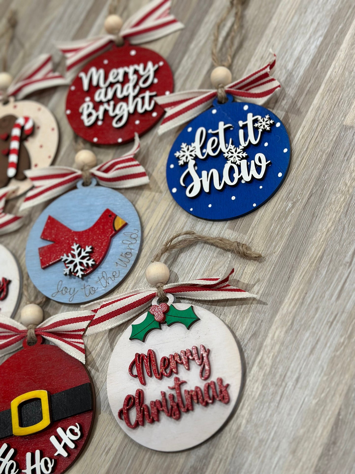 Set of 10 Merry Christmas Ornaments, Wooden Christmas Ornaments, Snowman Reindeer Gingerbread, DIY or Finished, Holiday Tree Decorations