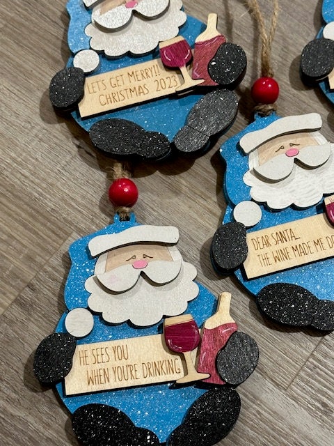 Santa and Wine, Wine Ornaments, Wine Christmas Ornaments, 3D Santa Ornaments, Gift Exchange, Wine Ornament, Girls Gifts
