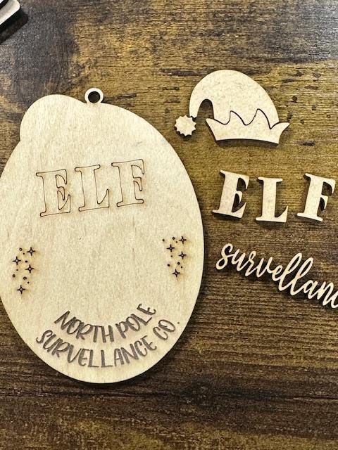 DIY, surveillance ornament, unfinished, wood, elf ornament, holiday craft, Christmas ornament, elf decor