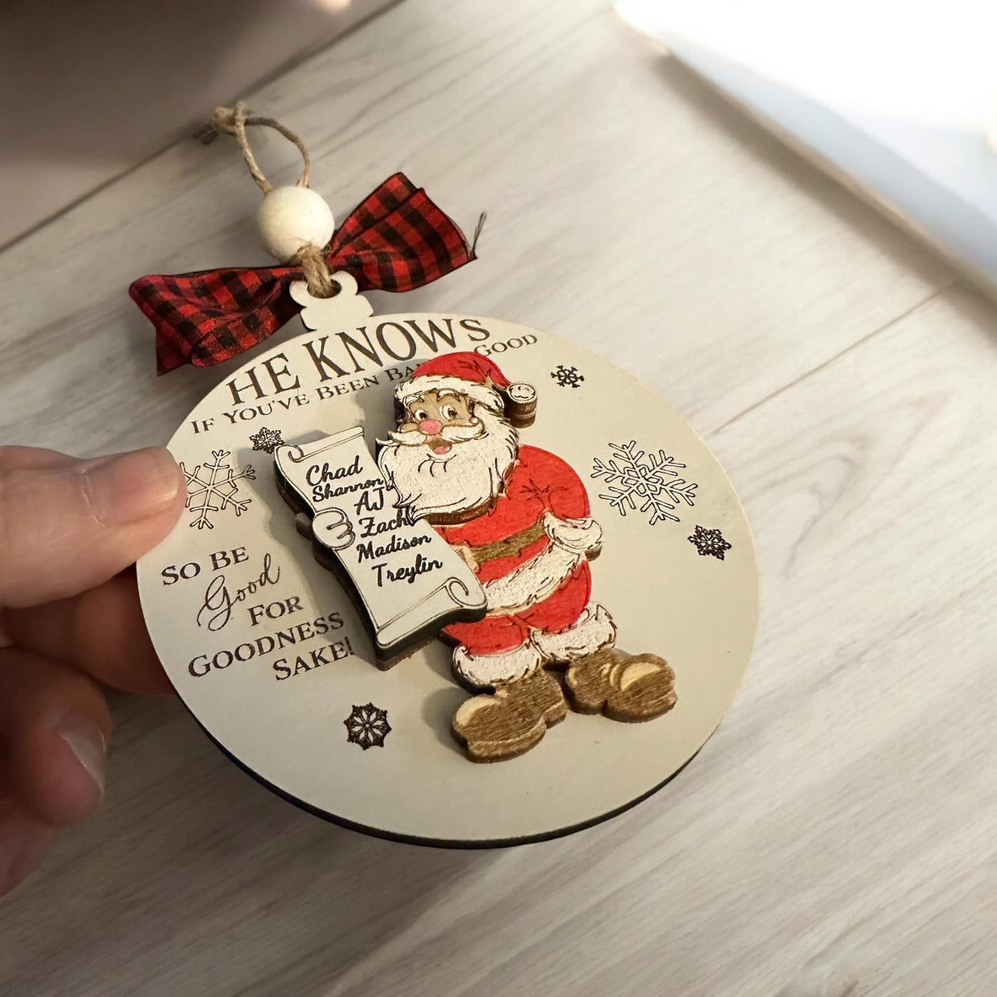 Handmade, He Knows Ornament, Personalized, Christmas Ornament, Santa Ornament, Family Holiday Decor, Kids Christmas Ornament, Custom Gift
