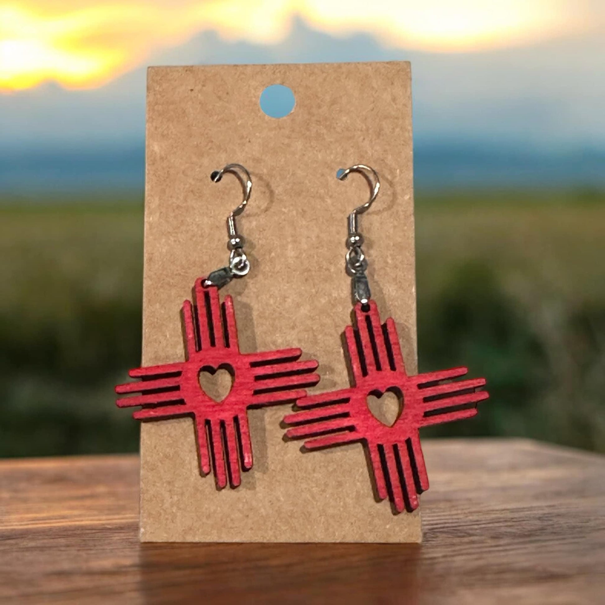 New Mexico Heart Earrings, Dog Design Wood Earrings, Lightweight Wooden Earrings, NM Jewelry, Unique Handmade Earrings