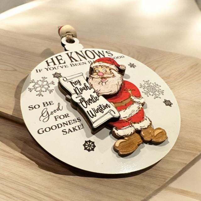 Handmade, He Knows Ornament, Personalized, Christmas Ornament, Santa Ornament, Family Holiday Decor, Kids Christmas Ornament, Custom Gift