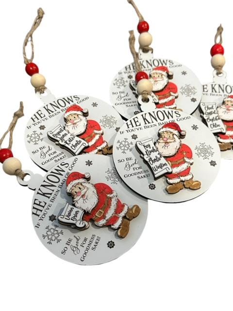 Handmade, He Knows Ornament, Personalized, Christmas Ornament, Santa Ornament, Family Holiday Decor, Kids Christmas Ornament, Custom Gift