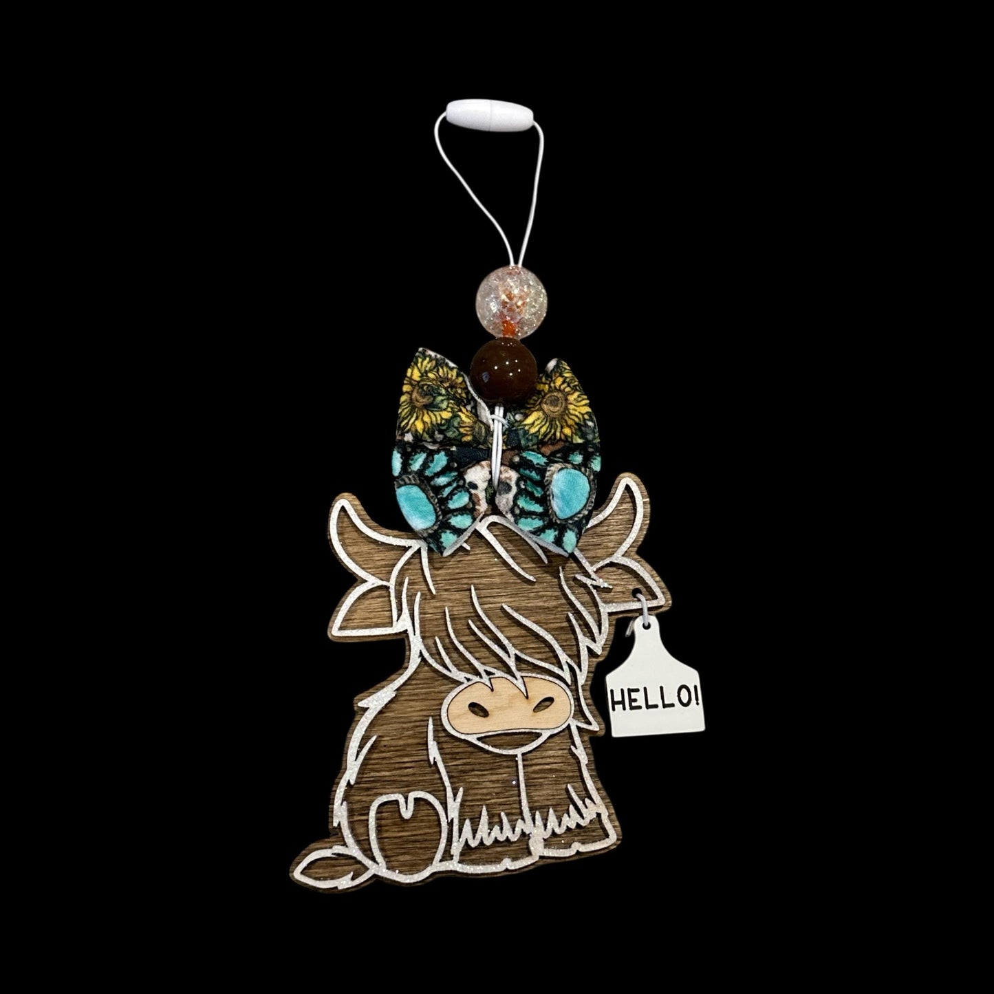Highland cow Infused Car Charm, Highland cow Smelly Charm, Scented Infused, Wooden Scented Charm, Cute Cow with bow Wooden Car Charm