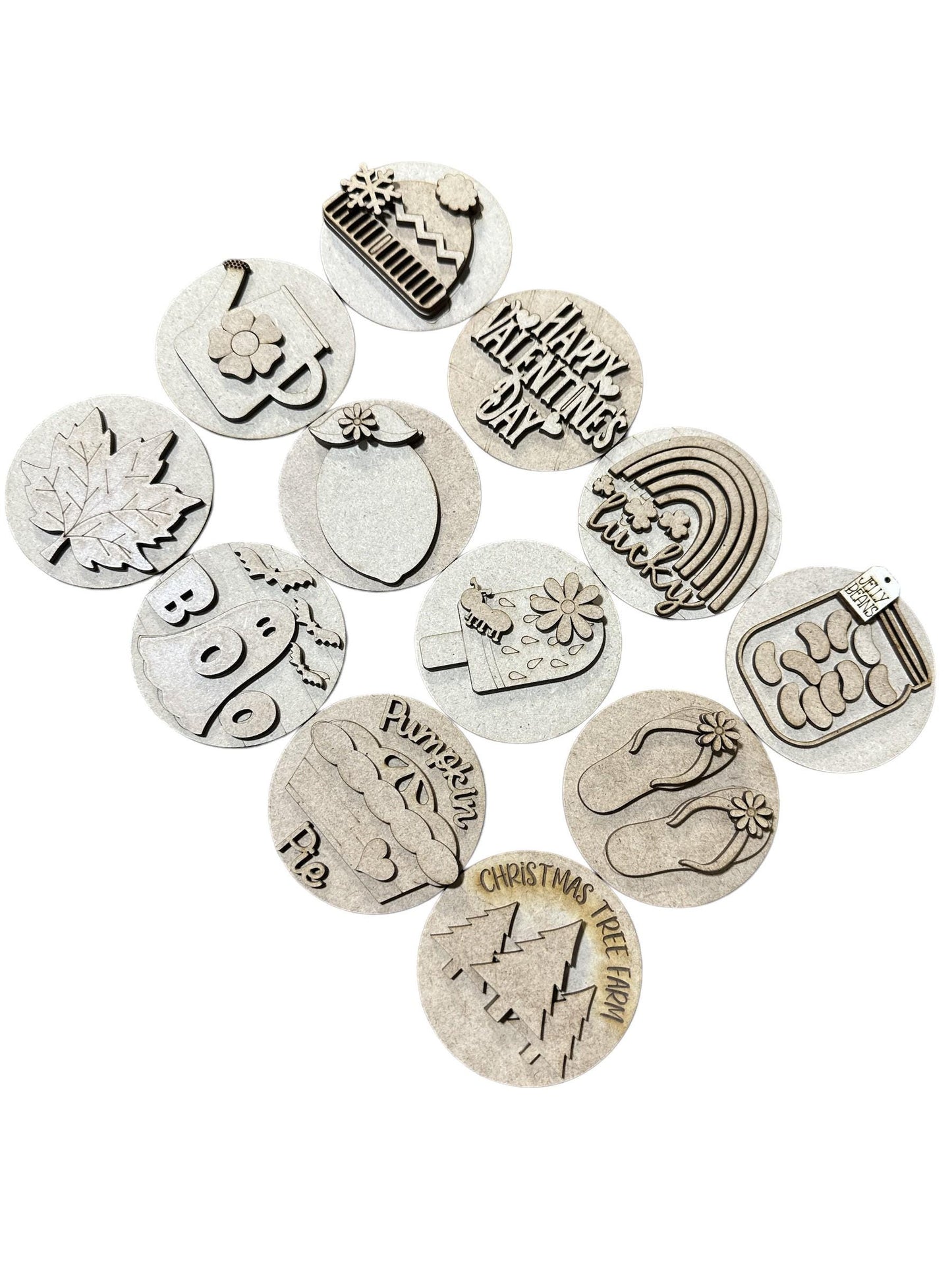 Bundle 5 for Seasonal Interchangeable Sign Rounds: DIY Craft Bundle (Unfinished), 3" or 6" rounds, Seasonal Inserts
