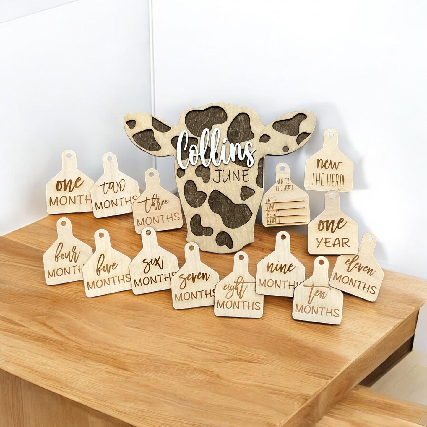 Cow Tag Baby Milestone Photo Props: Personalized Newborn Announcement, Milestones, Custom Gift, Personalized Name, Baby Gift