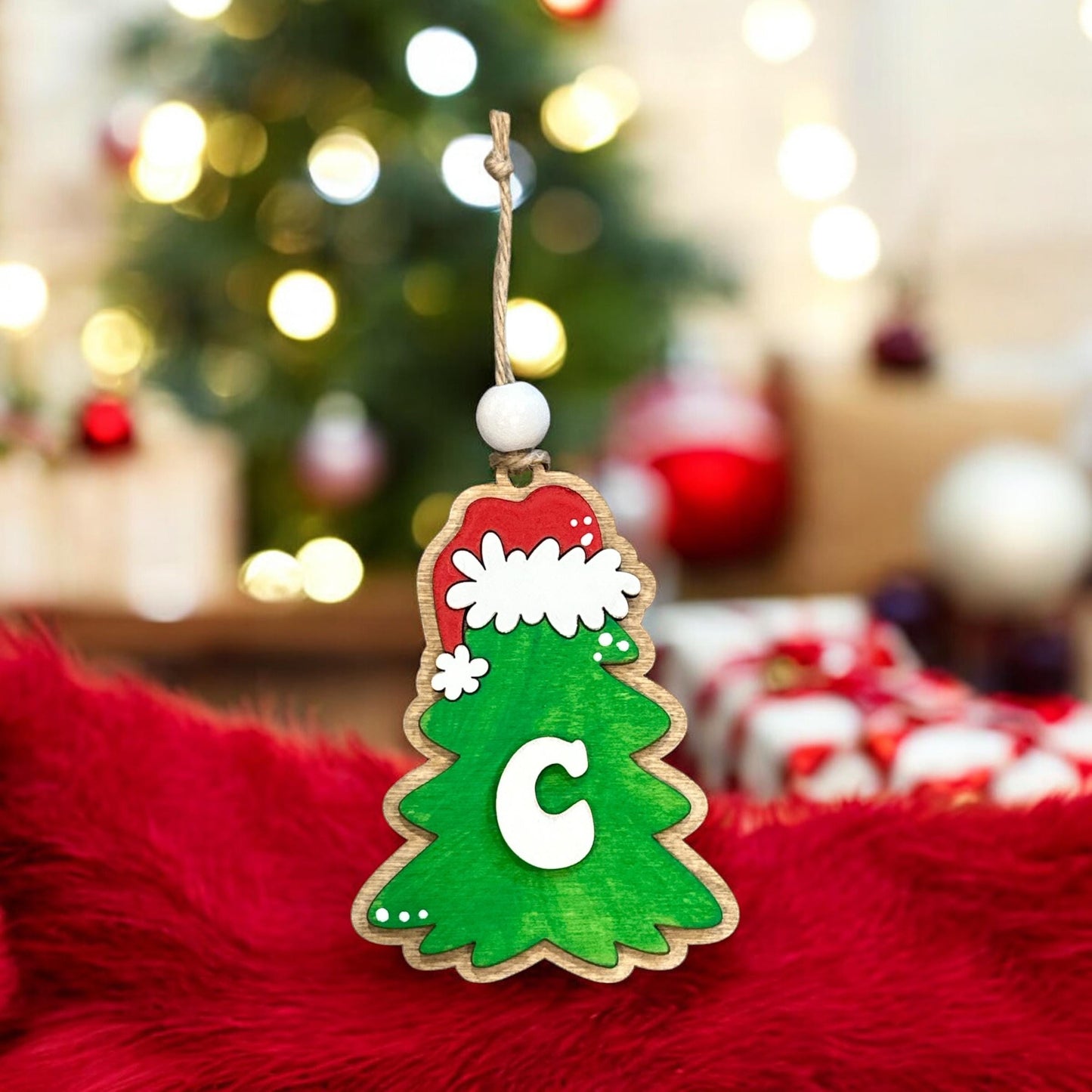 Personalized Wood Christmas Tree Ornament: Initial, Name, and Year