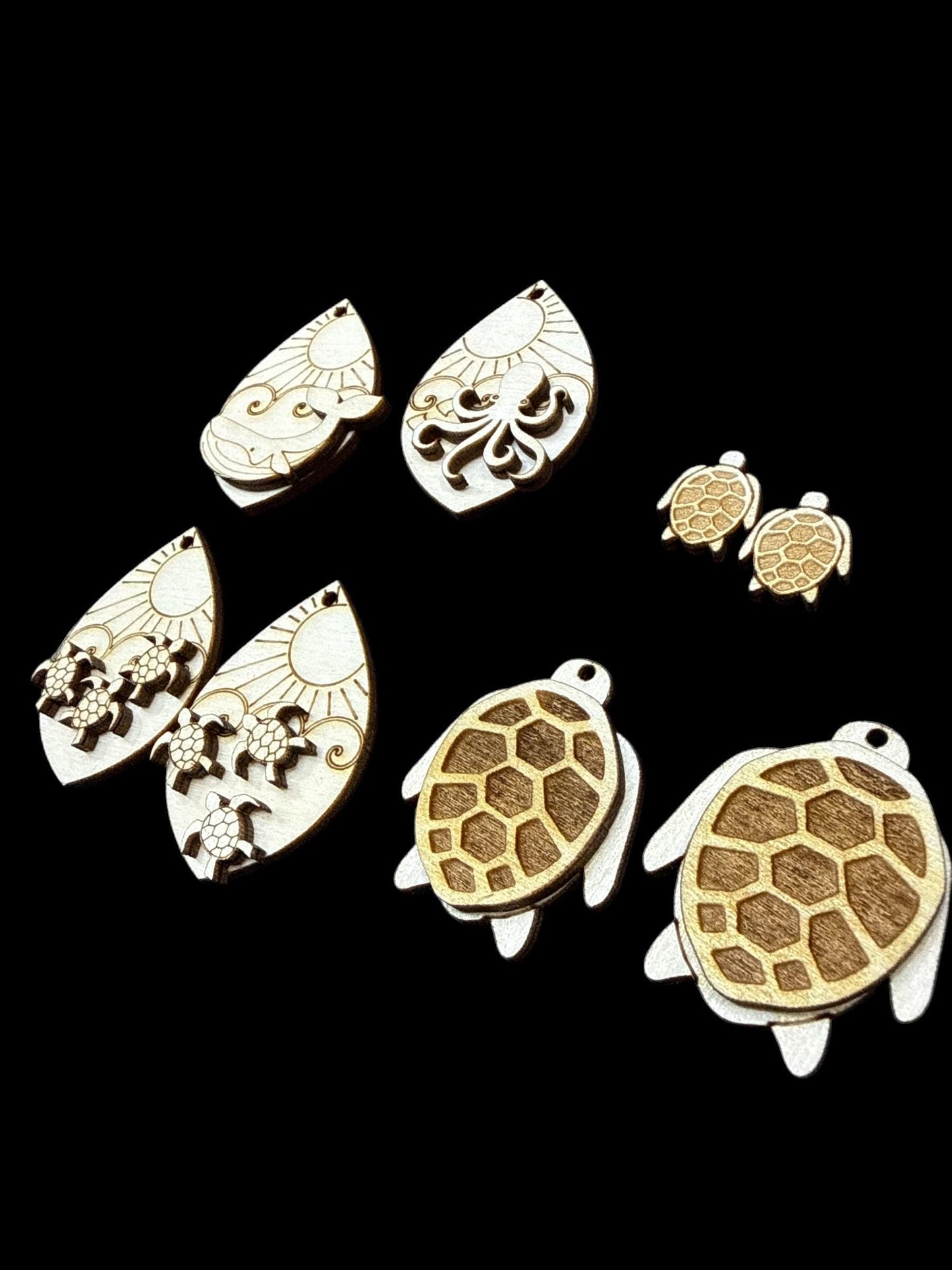 DIY Turtle, Sea Life Earrings, Whale Earrings: Unfinished Birch Wood, Engraved, Craft Jewelry, Sea Animals