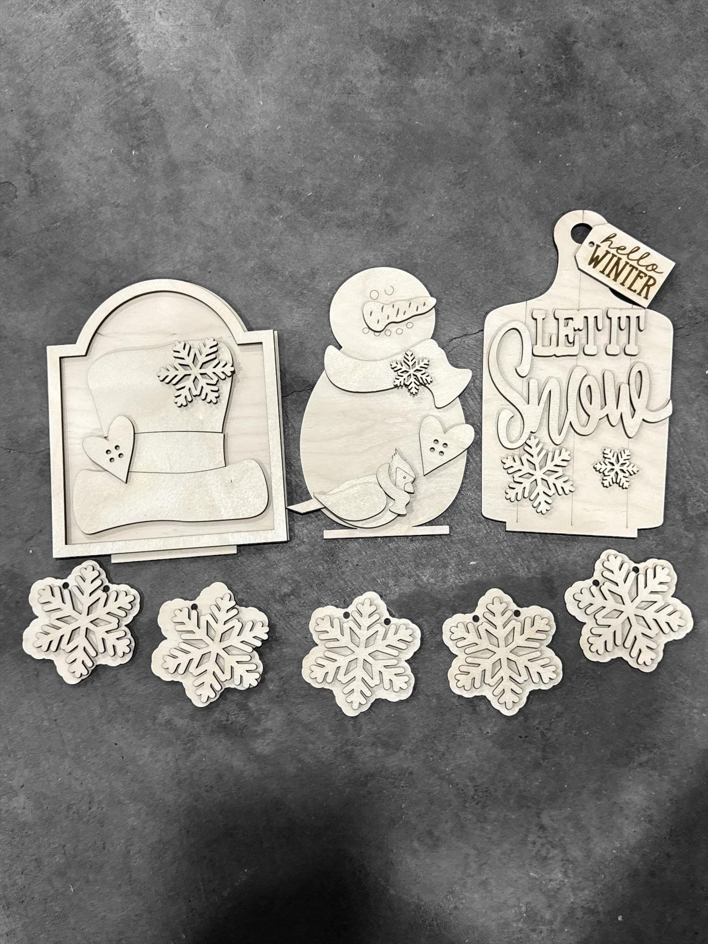 DIY Let It Snow Unfinished Wood Interchangeable Insert, Inserts only Unfinished, Snowman Interchangeable tiered tray, Snowflakes