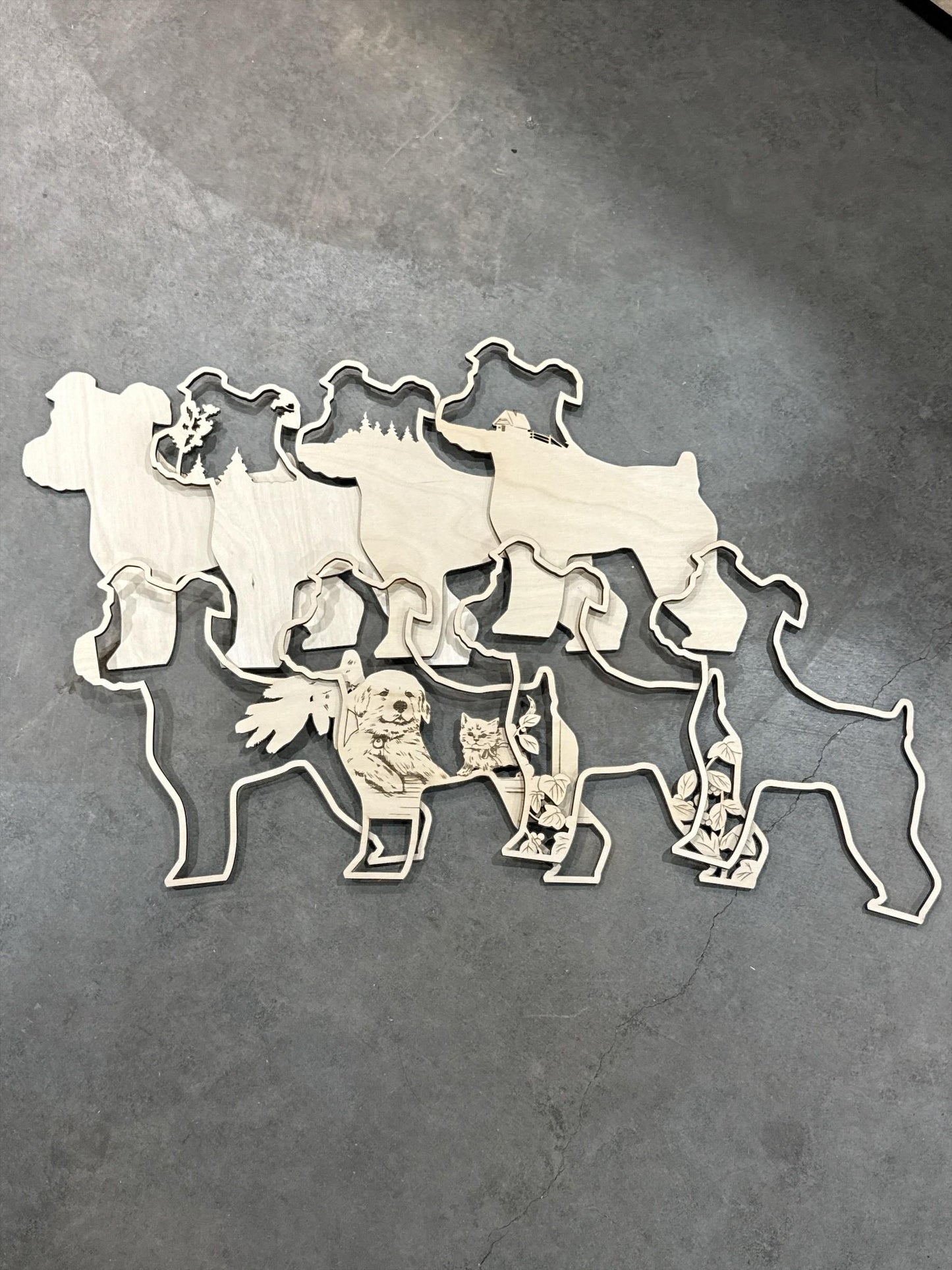 DIY 3D Standing Dog with cat Multi Layered, Unfinished 3D Shelf Sitter, Wood DIY