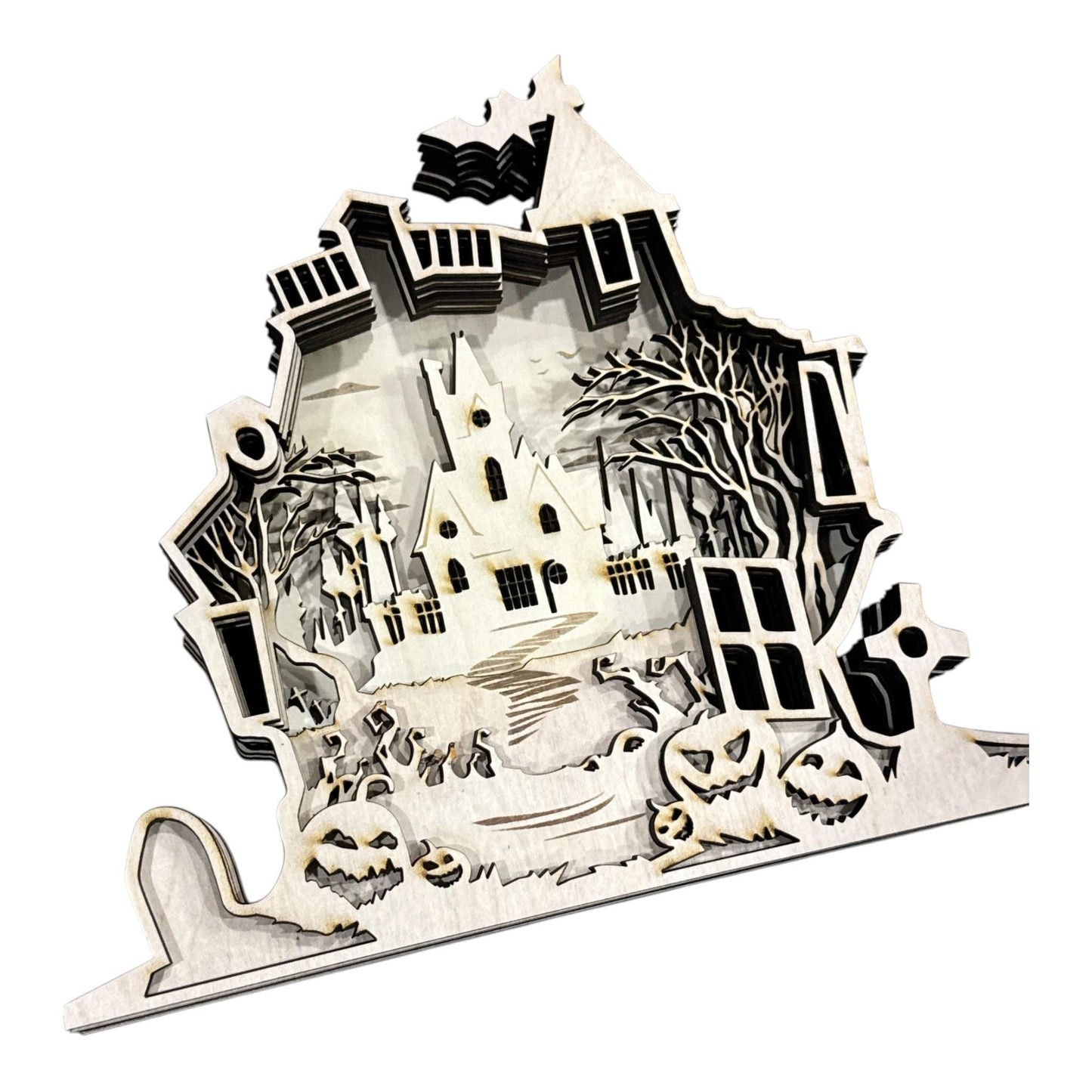 DIY 3D Halloween Haunted House Multi-Layered, Unfinished 3D Shelf Sitter, Wood DIY