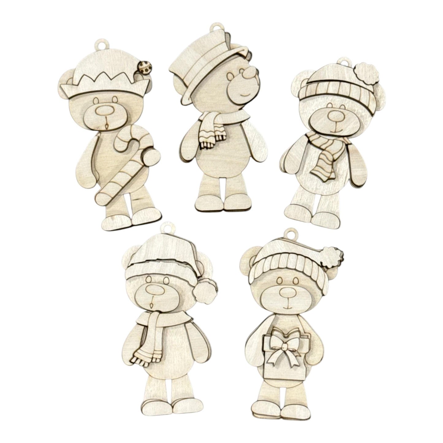 DIY Sweet Teddy Bear Set of 5 Ornaments, Unfinished Ornaments, Teddy Bear Unfinished Wooden Ornaments