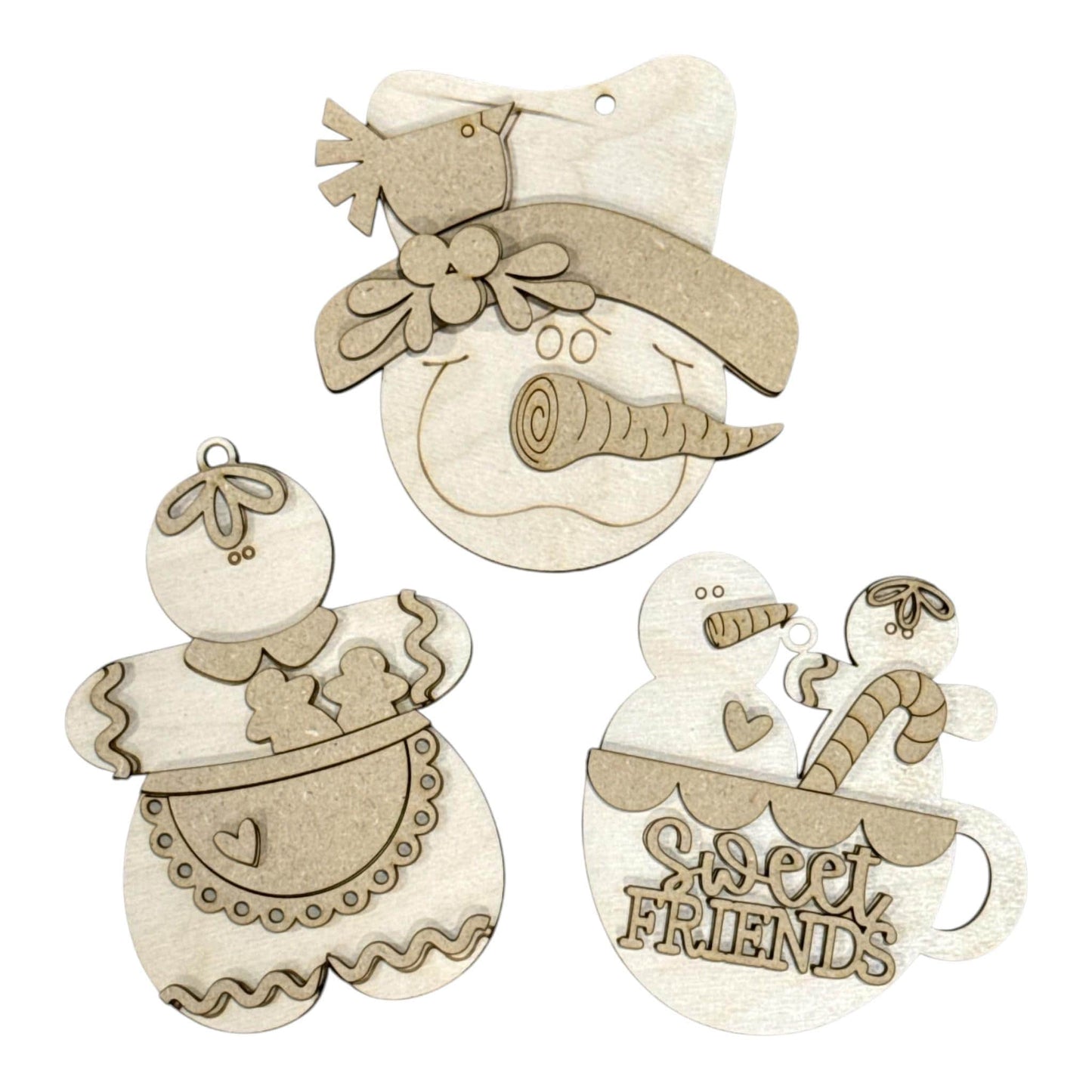 DIY Sweet Friends, Gingerbread and Snowman Unfinished Ornaments