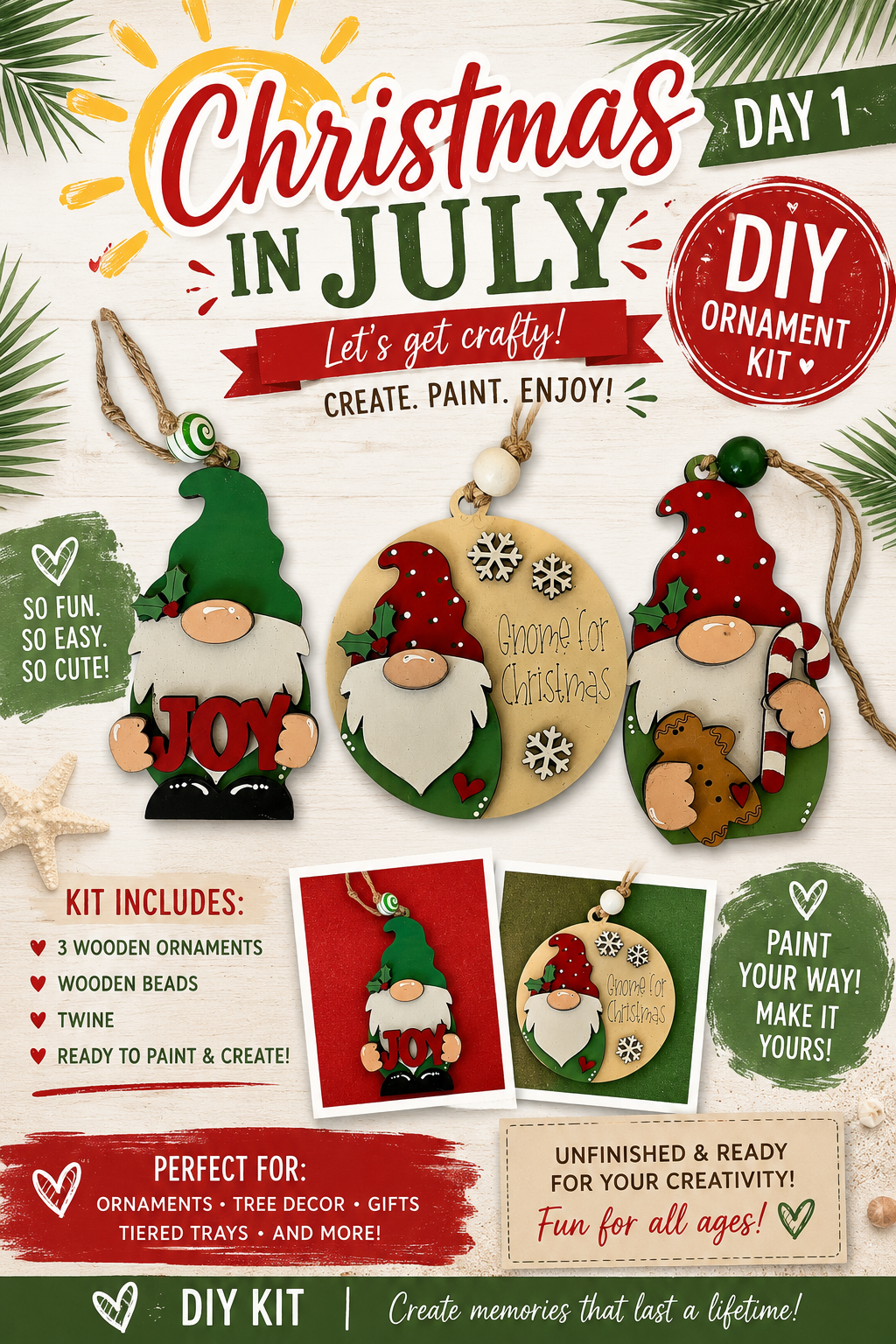 DIY Christmas in July for Christmas Ornament, Gnome Ornament, Unfinished Wood Christmas Craft, Fun Gnome  Ornaments, DIY paint your own Gnome