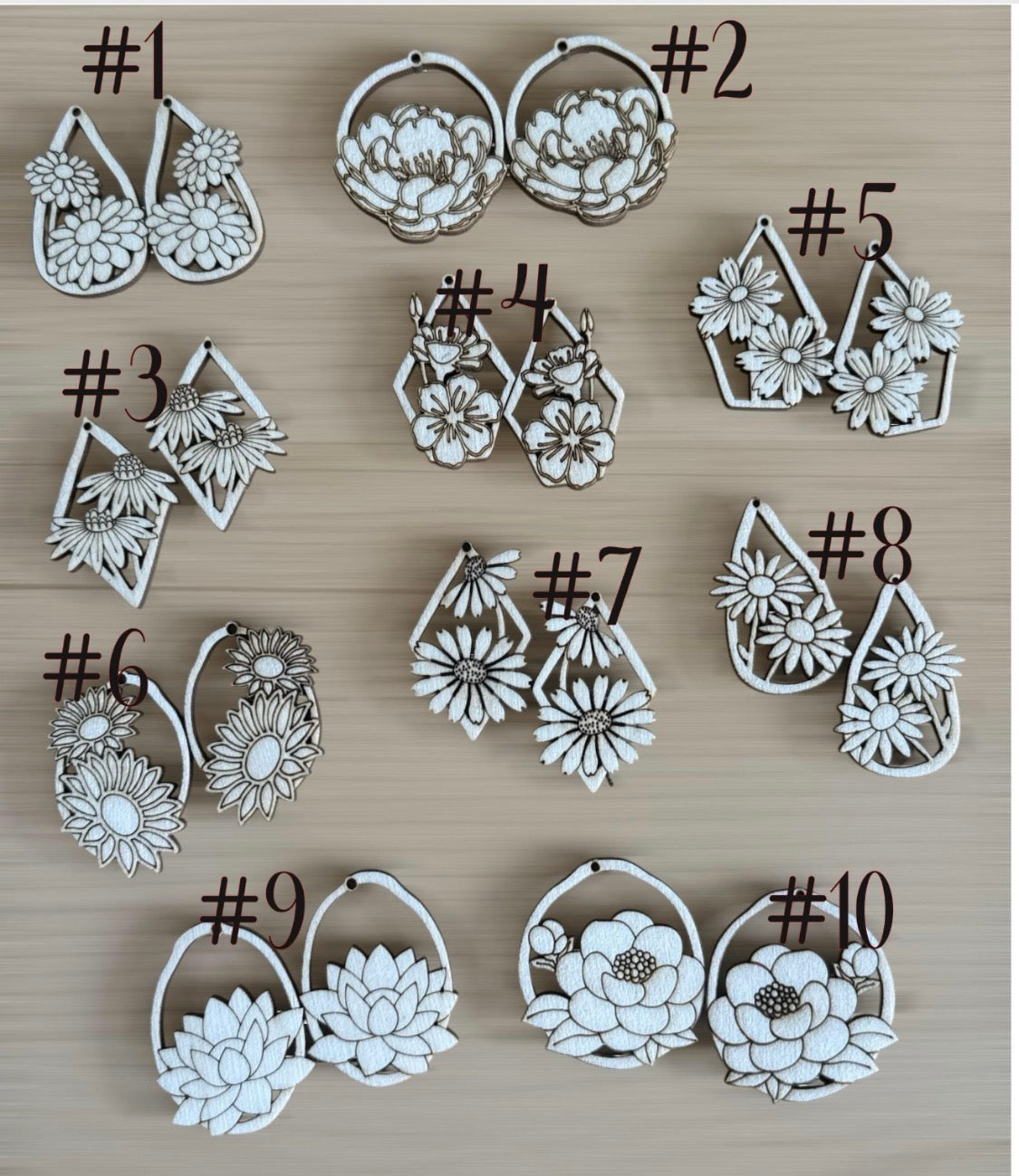 DIY  Flowers Earrings, Engraved Wooden Earrings Unfinished, Florals, Singles or Bundle