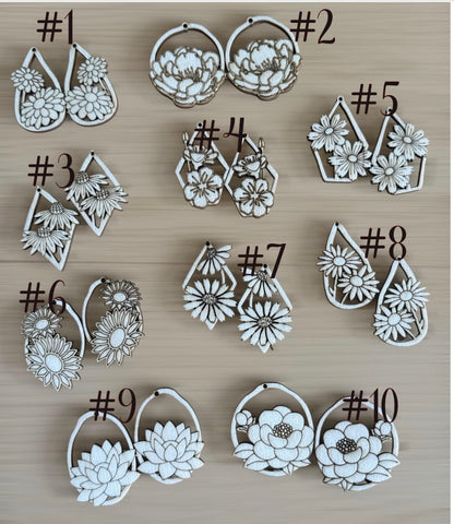 DIY  Flowers Earrings, Engraved Wooden Earrings Unfinished, Florals, Singles or Bundle