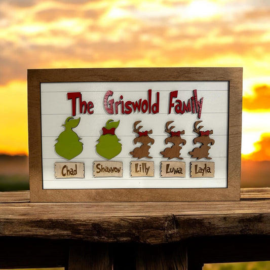 Grinch Family Sign, Custom Christmas Family Sign with Up to 8 Names, Grinch Themed Decor, Personalized Holiday Gift, Great Family Sign, Perfect Christmas Gift, Grinch Decor for Home