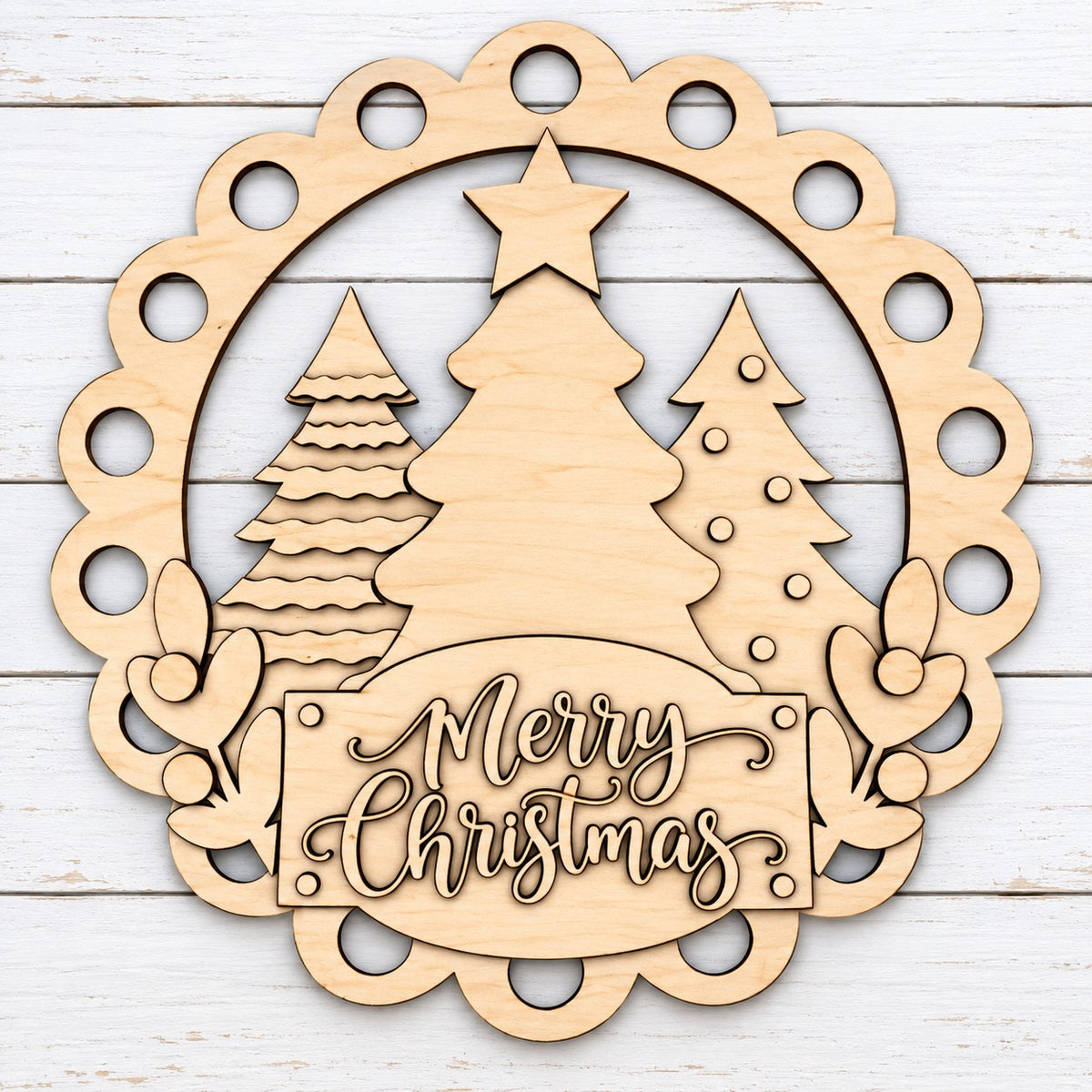 Merry Christmas Tree Triple Scallop Door Hanger UNFINISHED