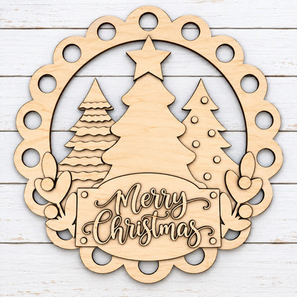 Merry Christmas Tree Triple Scallop Door Hanger UNFINISHED