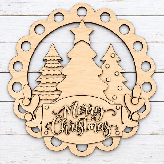 Merry Christmas Tree Triple Scallop Door Hanger UNFINISHED