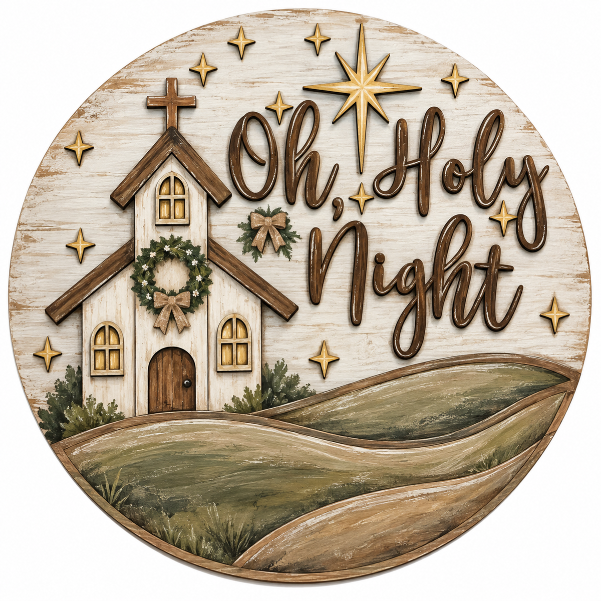 Oh Holy Night Church with Stars Door Hanger Unfinished DIY