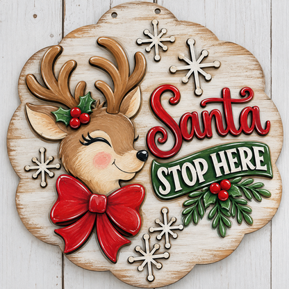 Santa Stop Here Scalloped Unfinished Door Hanger
