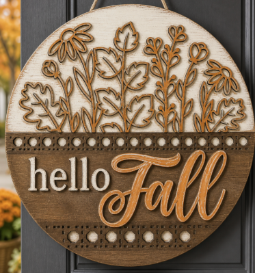 Hello Fall with Flowers Door Hanger, 3d Door Hanger, Unfinished Door Hanger