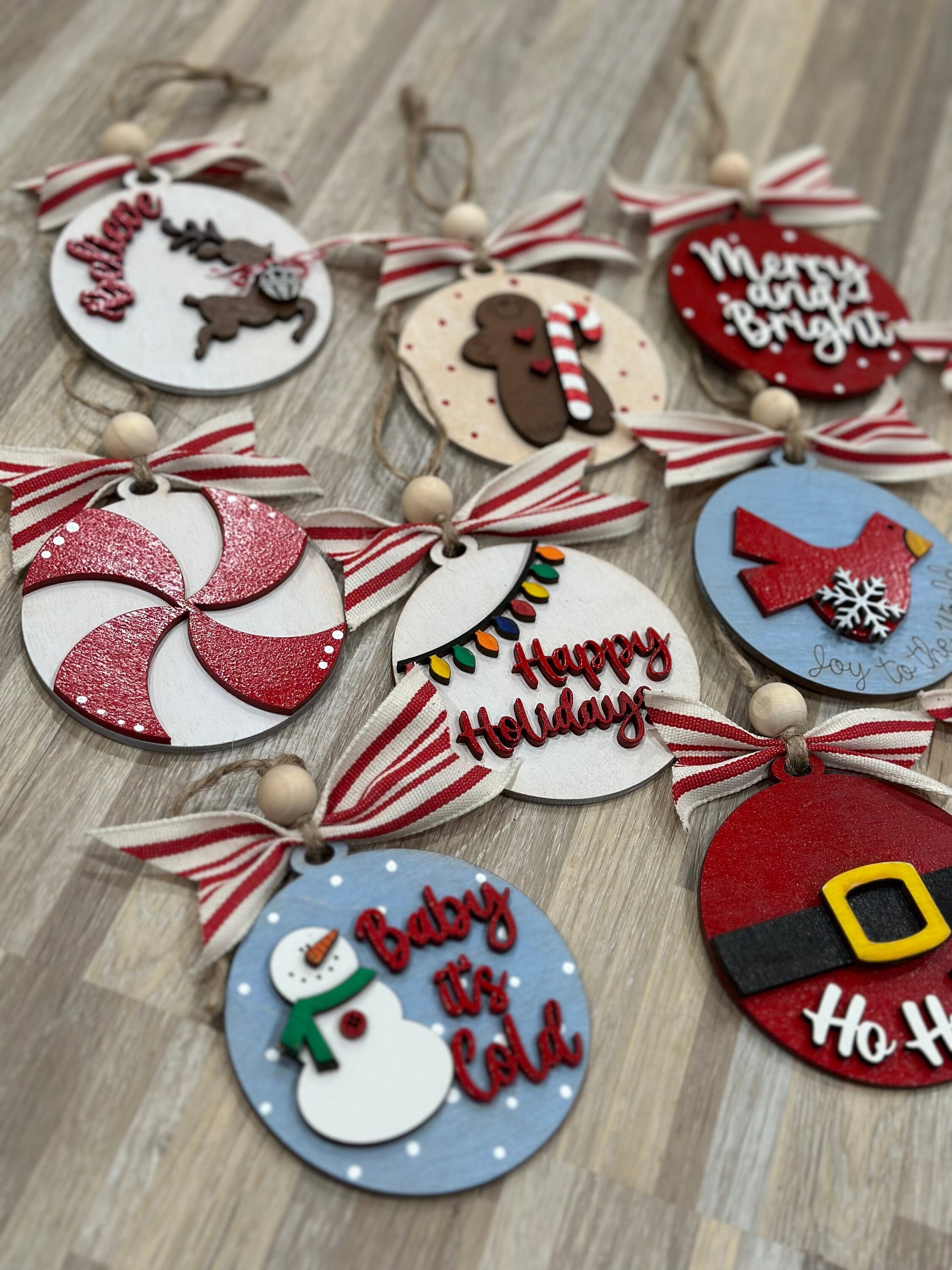 Set of 10 Merry Christmas Ornaments, Wooden Christmas Ornaments, Snowman Reindeer Gingerbread, DIY or Finished, Holiday Tree Decorations