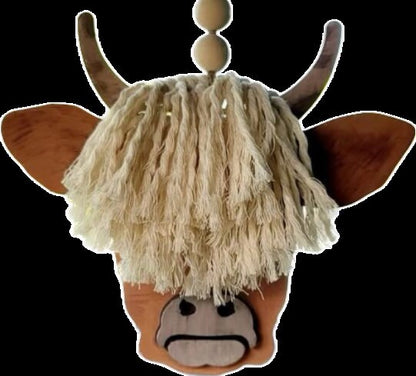 DIY Highland Cattle Charm, Macrame Cow Head Charm, Unfinished Farm Cow Car Accessory, Customizable Macrame Cow Charm, Rustic Cow Car Decor