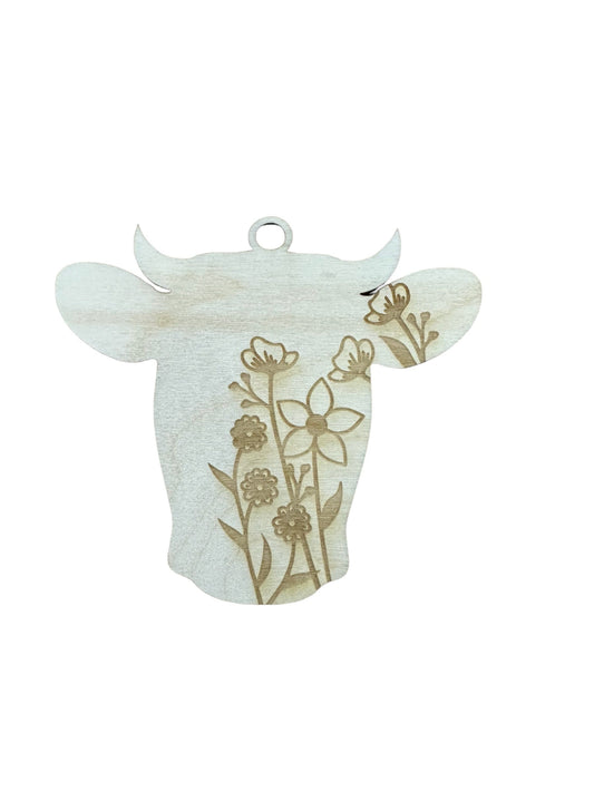 Unfinished DIY Floral Cow Car Charm, Floral Cow Charm, Floral Car Charms, DIY Floral Cow Car Charm, Cow Charm, Wooden Charm