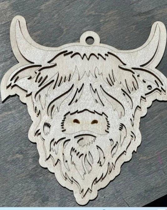 Highland Cow #2, Cow, Unfinished, Wooden Car Charms, Unfinished, DIY, Blank Charm, laser cut 2 Layer Cow