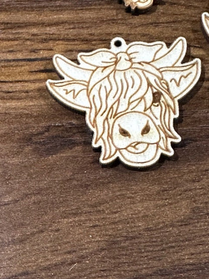 Highland Cow Earrings DIY, Unfinished Wooden Earrings, with Bow and Flowers, DIY Craft, Cow Earrings, Unfinished Wood Earring Blank