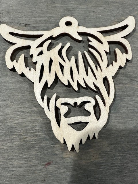 DIY Unfinished Highland Cow Car Charm, Wooden Cow Charm, Blank Highland Cow Ornament, DIY Car Accessories