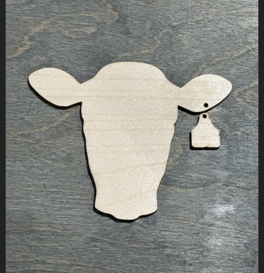 Cow Head w ear tag, Unfinished, DIY, Cow head Wooden Car Charms, Unfinished, Blank Charm, Unfinished