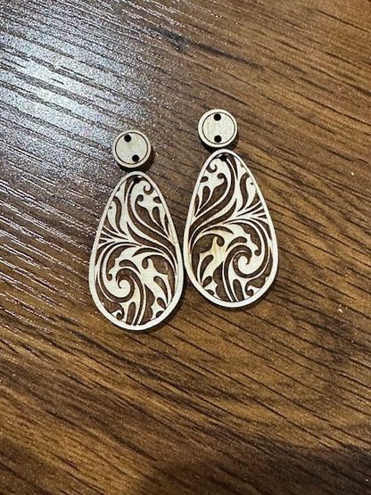 Damask Swirl Earring DIY, Unfinished Wooden Earrings, Flower Wood Cut Design, DIY Flower Earrings, Unfinished Craft Blanks, Wooden Earrings