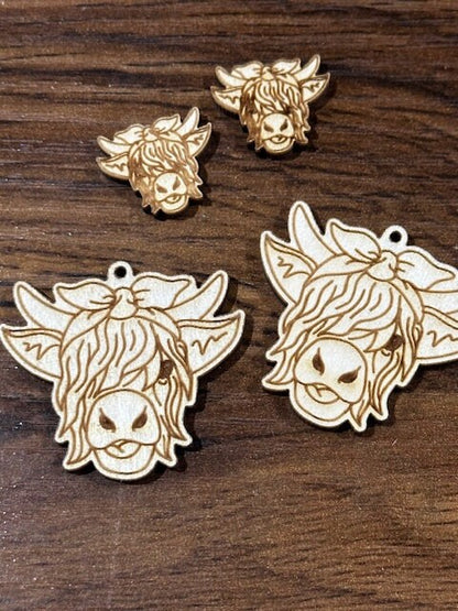 Highland Cow Earrings DIY, Unfinished Wooden Earrings, with Bow and Flowers, DIY Craft, Cow Earrings, Unfinished Wood Earring Blank