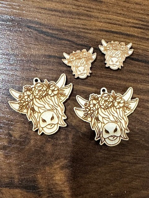 Highland Cow Earrings DIY, Unfinished Wooden Earrings, with Bow and Flowers, DIY Craft, Cow Earrings, Unfinished Wood Earring Blank