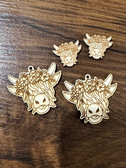 Highland Cow Earrings DIY, Unfinished Wooden Earrings, with Bow and Flowers, DIY Craft, Cow Earrings, Unfinished Wood Earring Blank