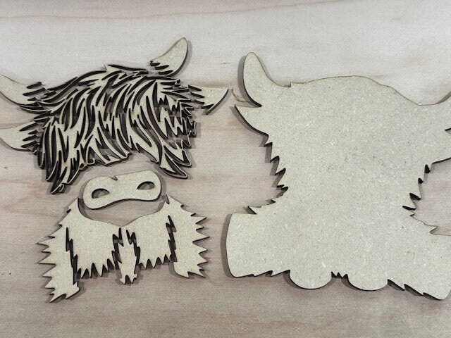 DIY Unfinished Highland Cow Car Charm, Wooden Hairy Cow Charm, Blank Highland Cow Ornament, DIY Craft Charm