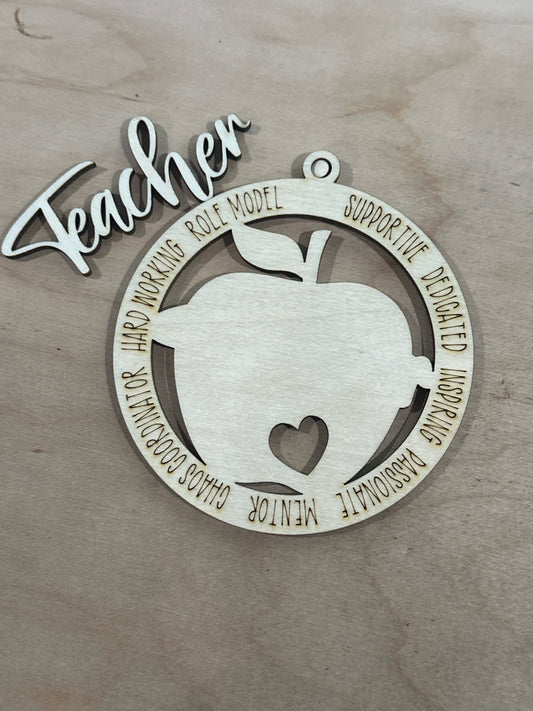 Unfinished DIY Teacher Ornament, Laser Wood Cut, Teacher Apple Ornament, Apple Teacher Ornament, 3D Ornament, Teacher, DIY