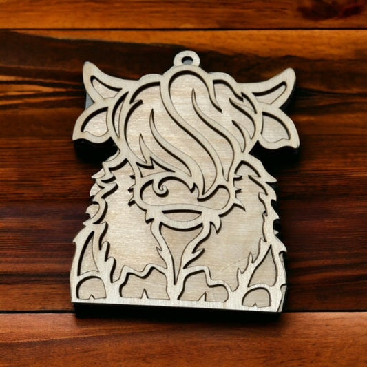 DIY Unfinished Highland Cow Car Charm, Wooden Hairy Cow Charm, Blank Highland Cow Ornament, DIY Car Accessories