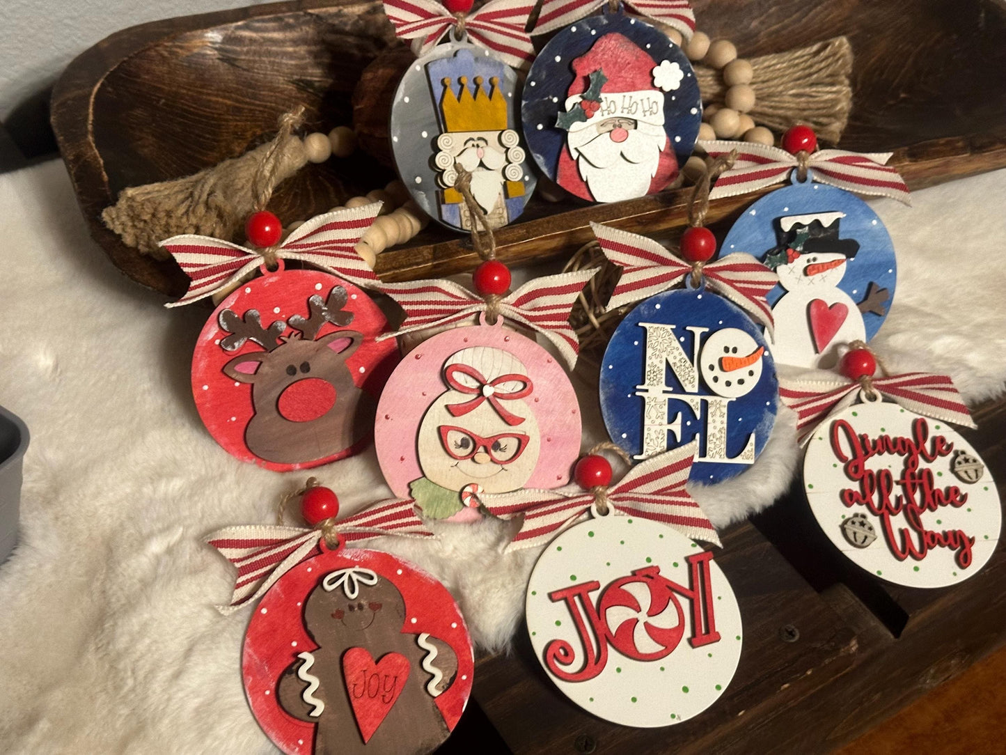 Set of 9 Christmas Ornament Bundle, Wooden Ornaments, Santa Nutcracker Religious, Christmas Tree Decorations, Holiday Ornament Set