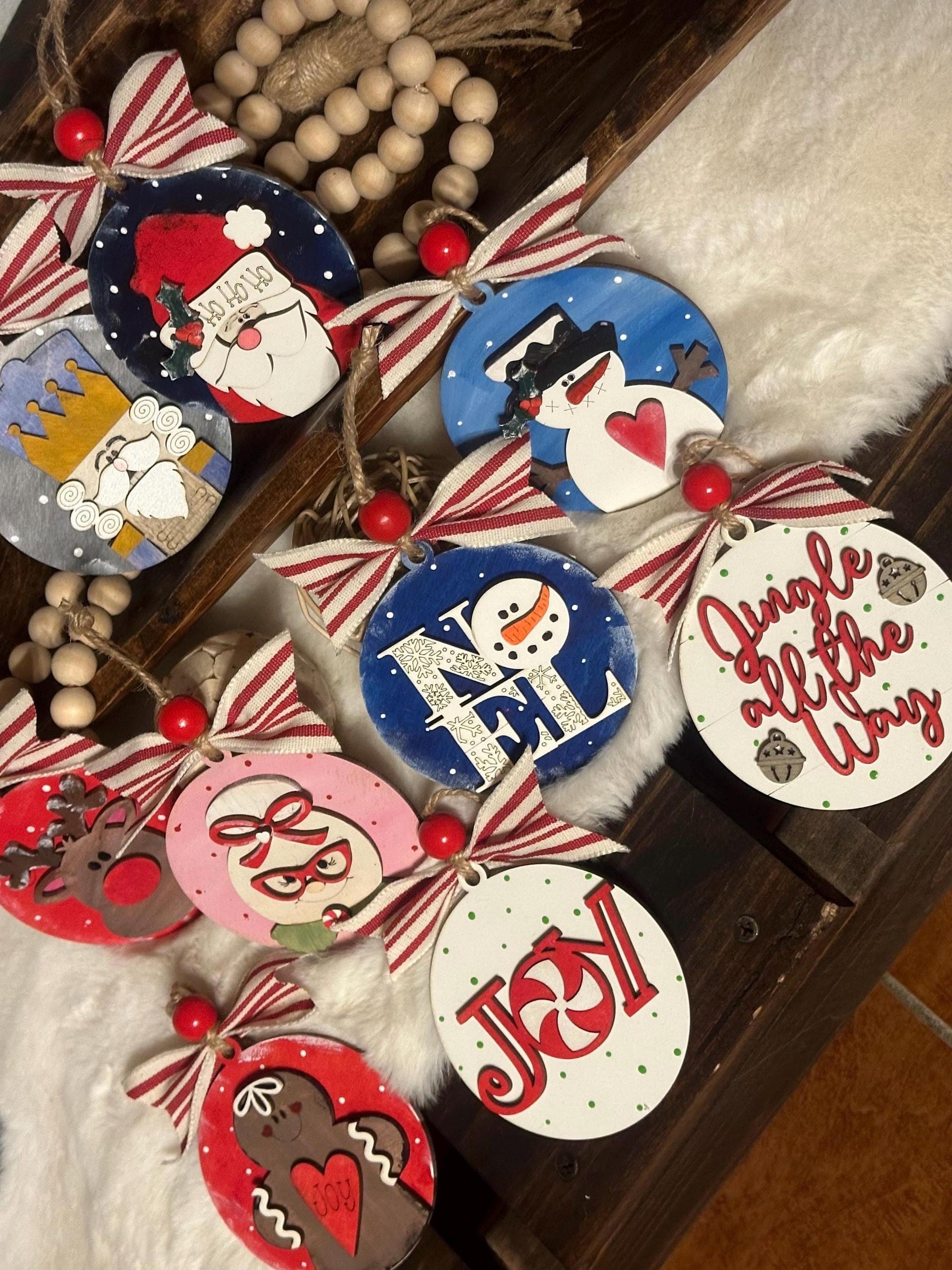 Set of 9 Christmas Ornament Bundle, Wooden Ornaments, Santa Nutcracker Religious, Christmas Tree Decorations, Holiday Ornament Set