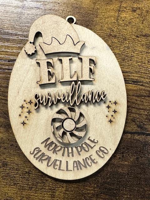DIY, surveillance ornament, unfinished, wood, elf ornament, holiday craft, Christmas ornament, elf decor