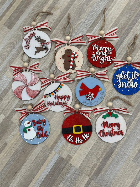 Set of 10 Merry Christmas Ornaments, Wooden Christmas Ornaments, Snowman Reindeer Gingerbread, DIY or Finished, Holiday Tree Decorations