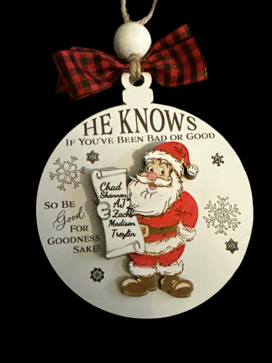 Handmade, He Knows Ornament, Personalized, Christmas Ornament, Santa Ornament, Family Holiday Decor, Kids Christmas Ornament, Custom Gift