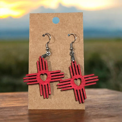 New Mexico Heart Earrings, Dog Design Wood Earrings, Lightweight Wooden Earrings, NM Jewelry, Unique Handmade Earrings