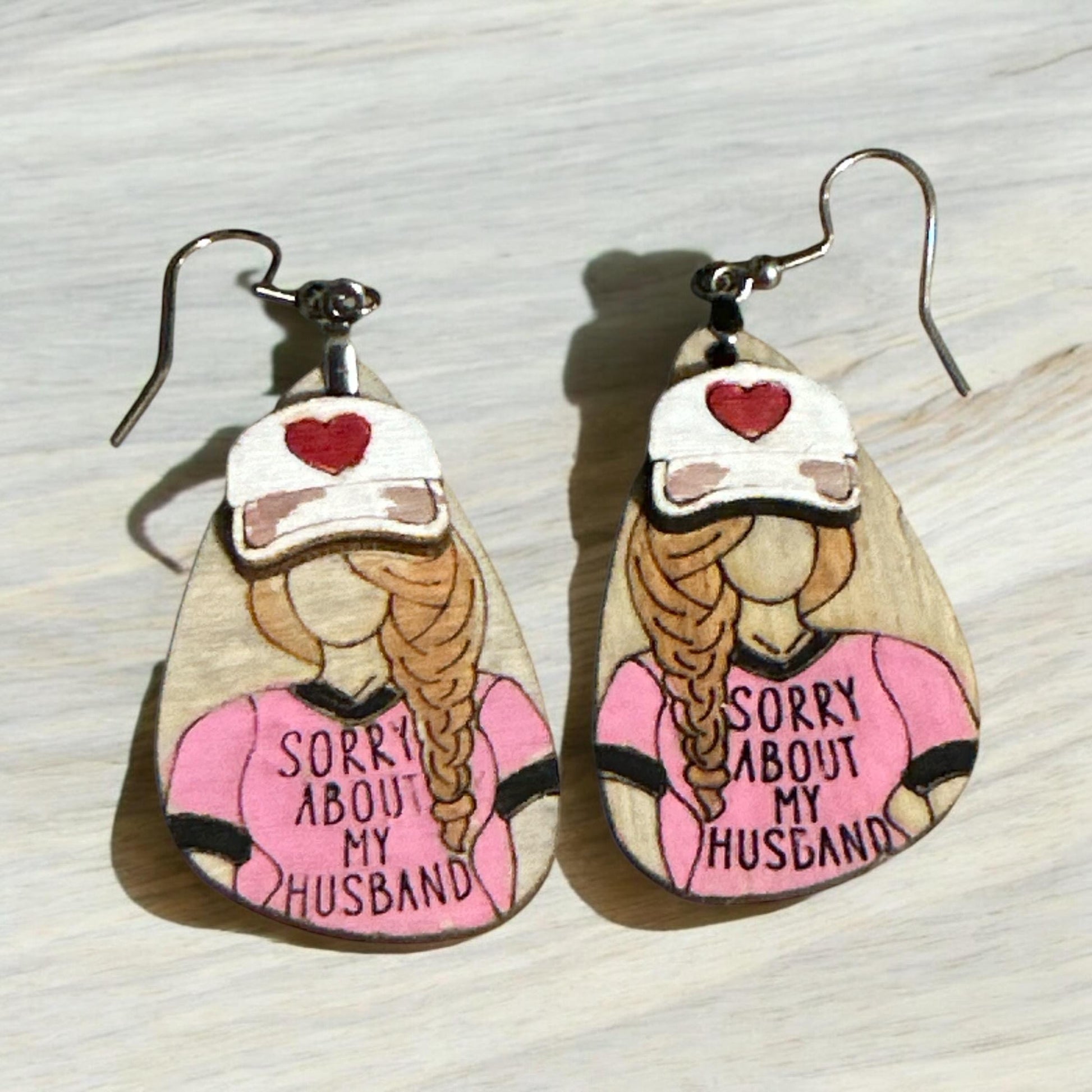 Sorry about my husband, Heart Earrings, fun Design Wood Earrings, Lightweight Wooden Earrings, Wife Humor Jewelry, Unique Handmade Earrings